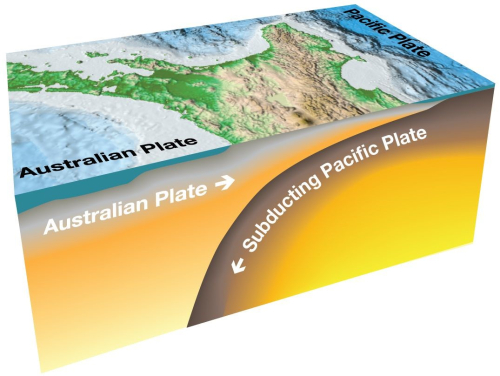 Hikurangi subduction zone where the Pacific tectonic plate subducts dives underneath the Australian tectonic plate. Image supplied by GNS Science