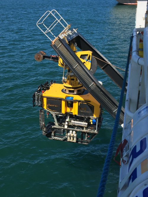 ROPUS being lowered into the water for its first dive of the research voyage. Credit Dr Laura Wallace GNS Science